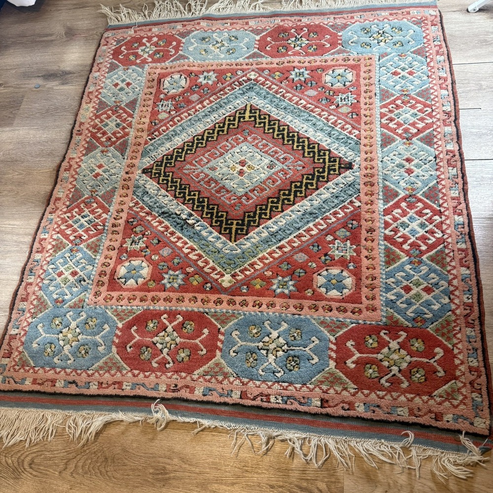 Vintage Hand Knotted Kazak Wool Rug 4x5 Caucasian Geometric Tribal Area Carpet